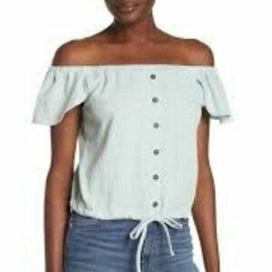 Madewell Texture Green Button Front Off The Shoulder Crop Tie Waisted Small Top